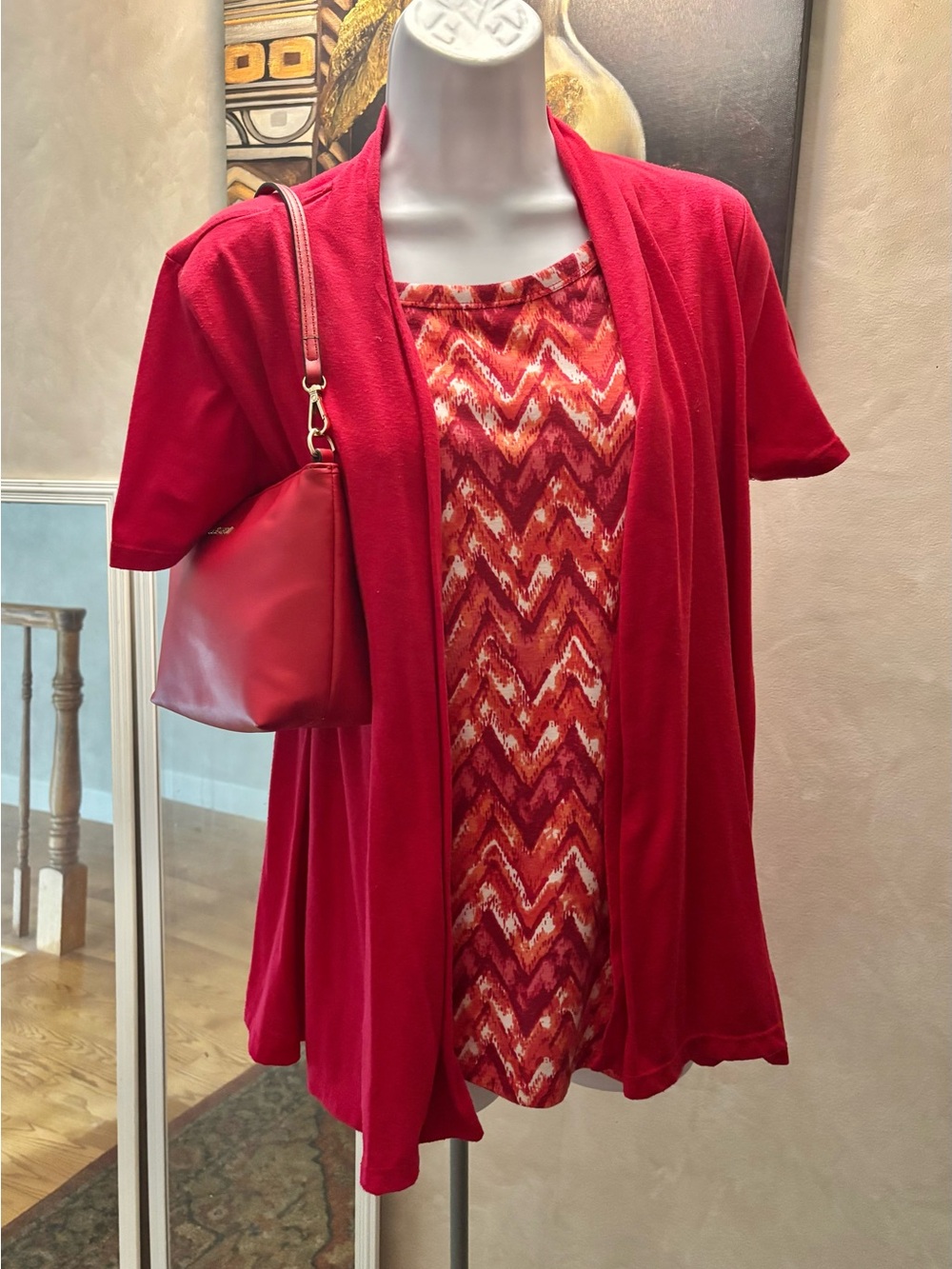 Red Open-Front top with attached throw! Red Patterned  L sz